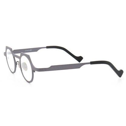 Side view of grey shield shaped titanium eyeglasses