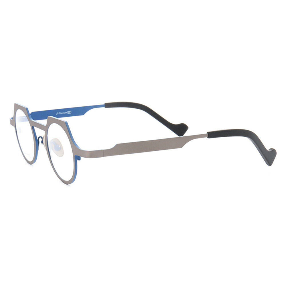Side view of grey and blue titanium eyeglasses
