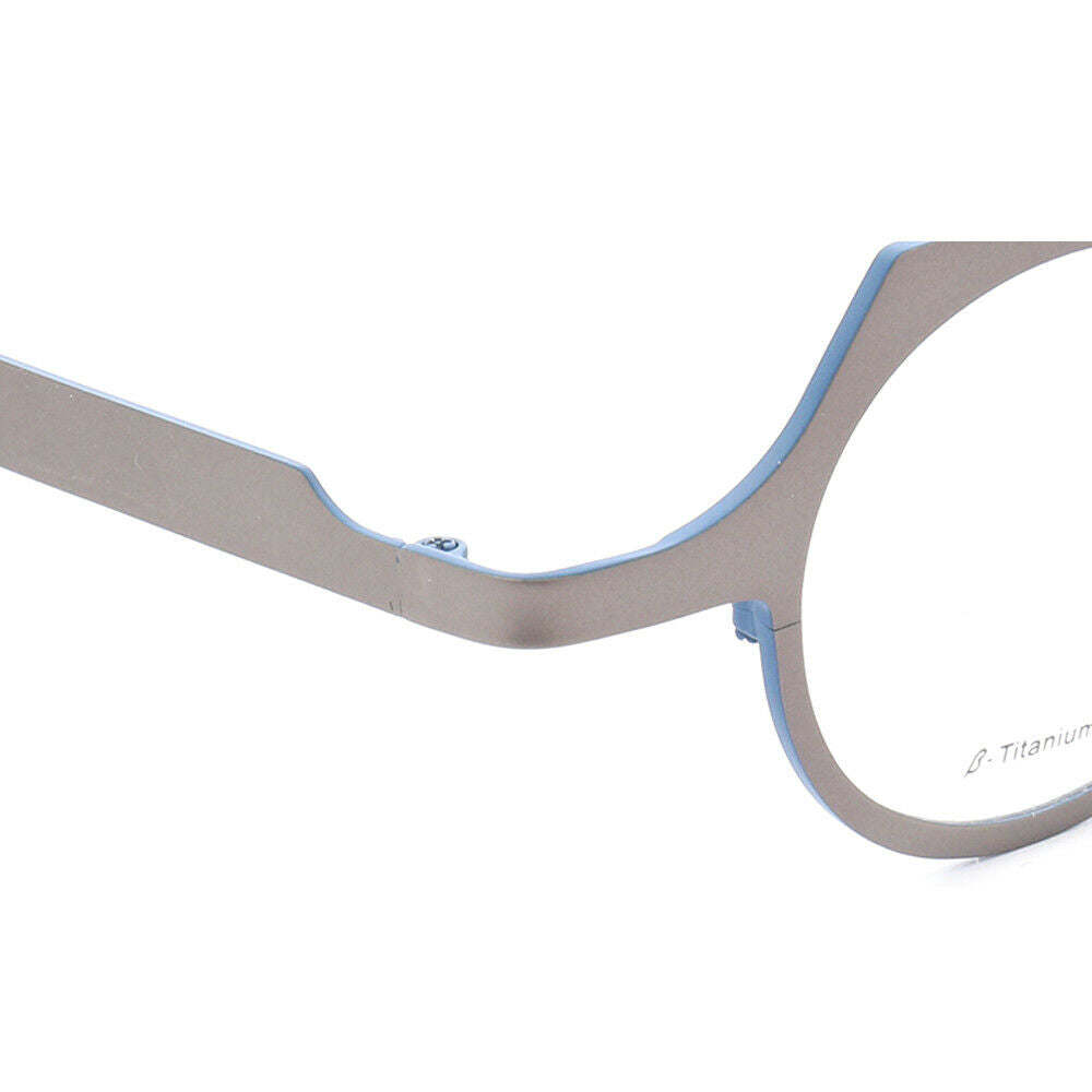 Temple of grey and blue titanium eyeglasses