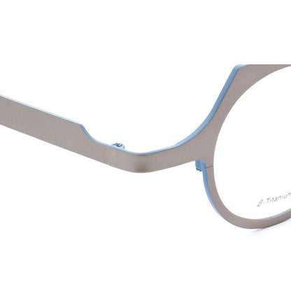 Temple of grey and blue titanium eyeglasses