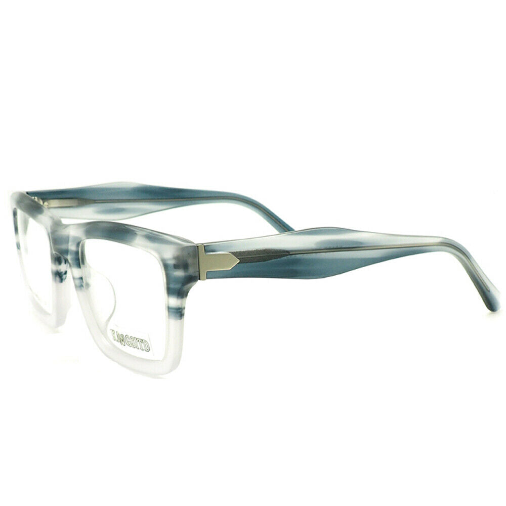 Side view of blue oversized eyeglass frames