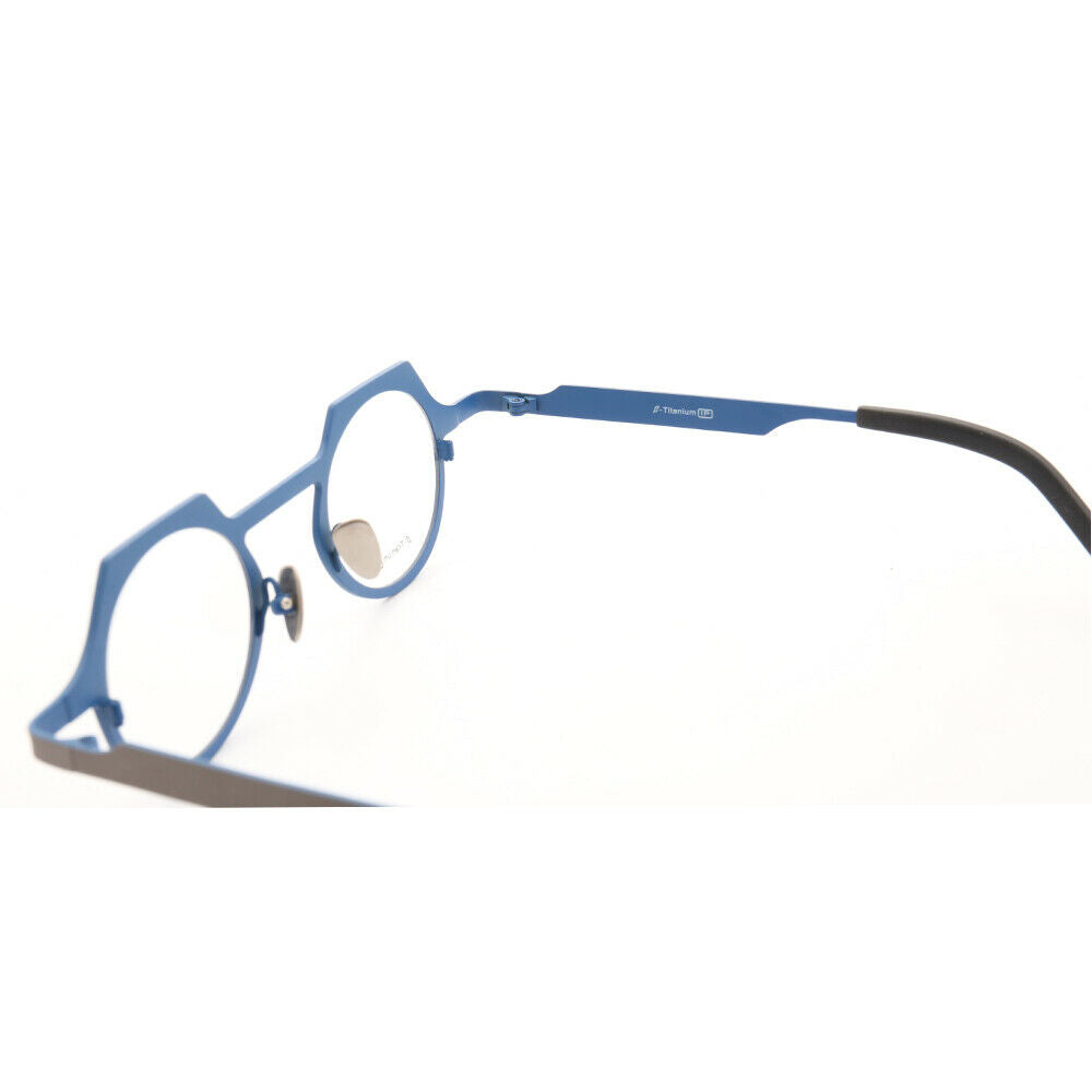 Interior view of grey and blue titanium eyeglasses