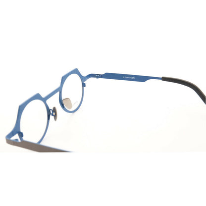 Interior view of grey and blue titanium eyeglasses