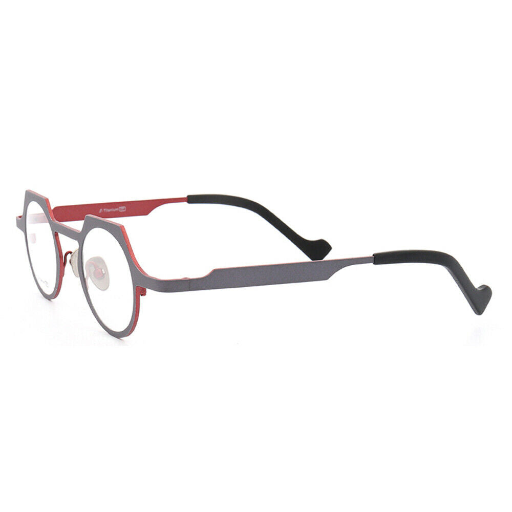 Side view of grey and red titanium eyeglasses