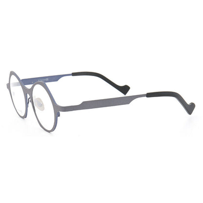 Side view of grey and blue round titanium eyeglasses