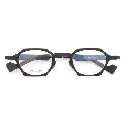 A pair of black and blue octagon shaped eyeglasses